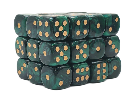 36ct 12mm D6 Dice Set: Vorpal - Green & Black w/ Gold