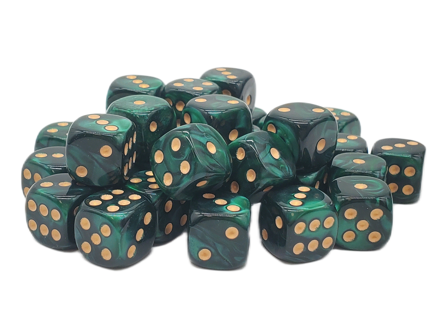 36ct 12mm D6 Dice Set: Vorpal - Green & Black w/ Gold