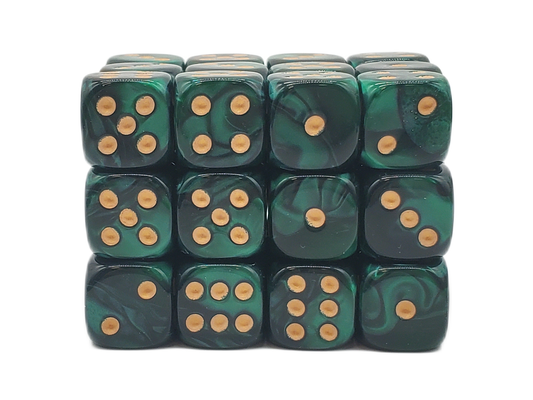 36ct 12mm D6 Dice Set: Vorpal - Green & Black w/ Gold