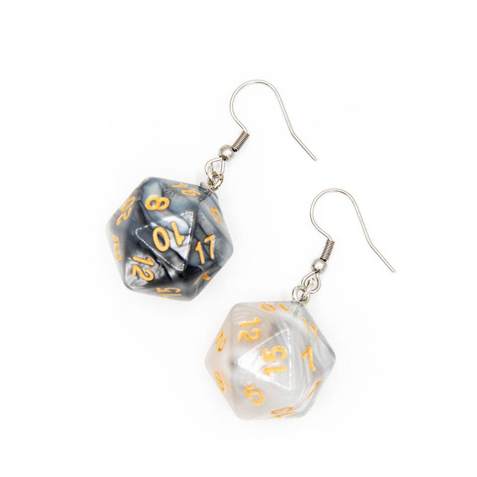 D20 Dice Earrings | Grey & White Swirl | D&D Jewelry