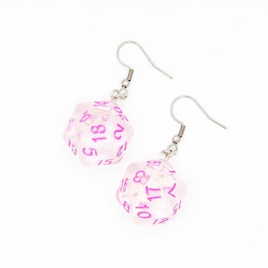 D20 Dice Earrings | Clear with Pink Font | D&D Jewelry