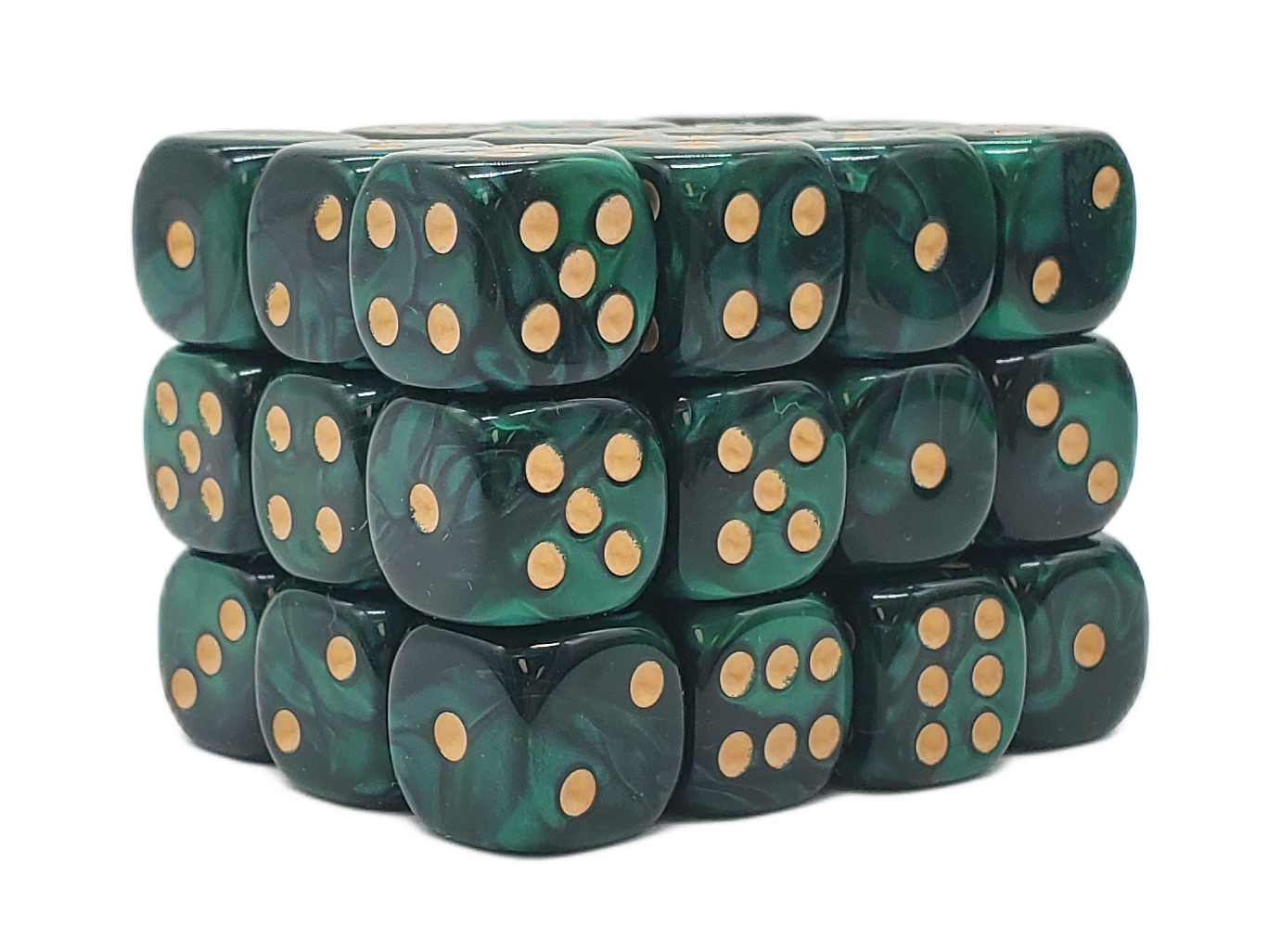 36ct 12mm D6 Dice Set: Vorpal - Green & Black w/ Gold