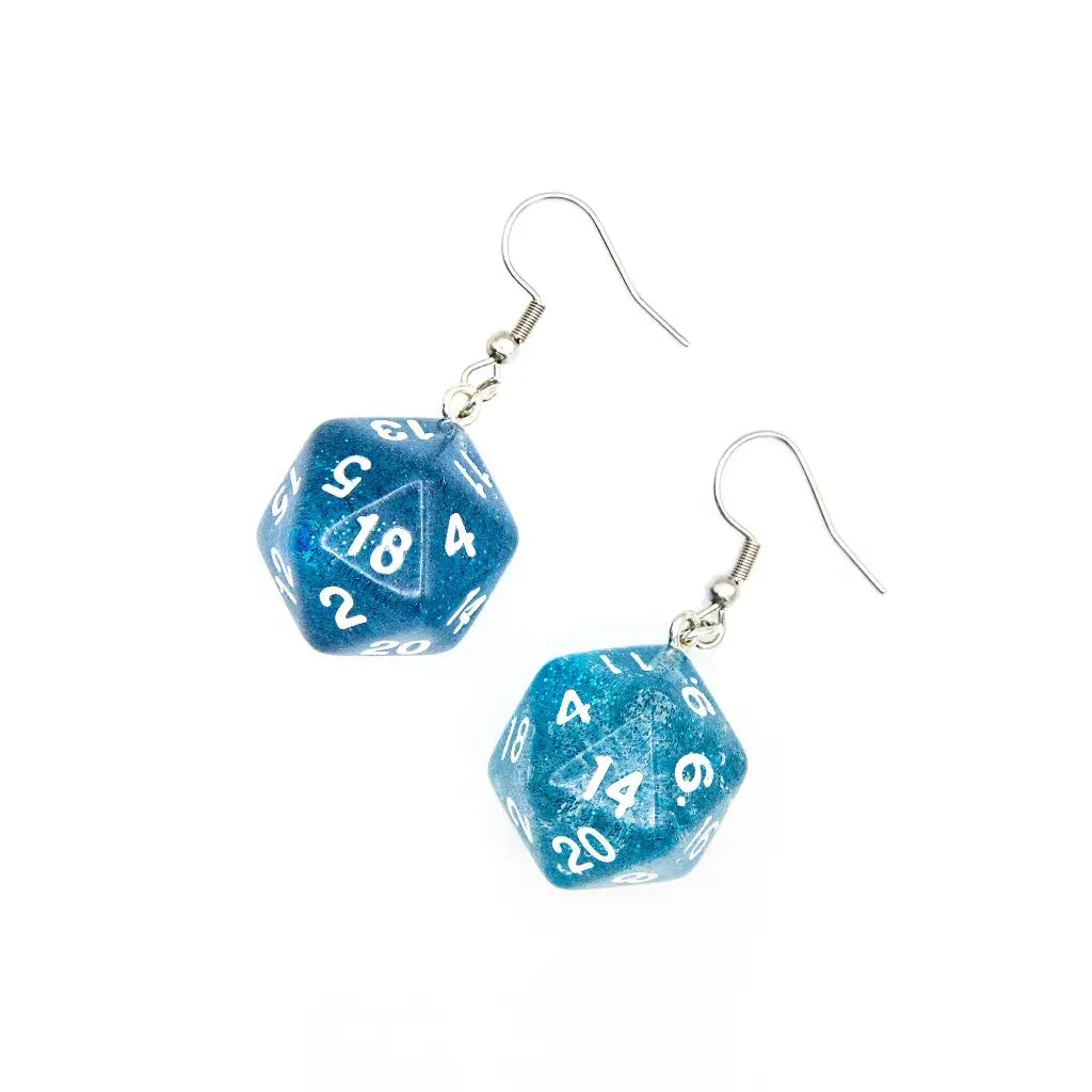 D20 Dice Earrings | Blue Sparkle | D&D Jewelry